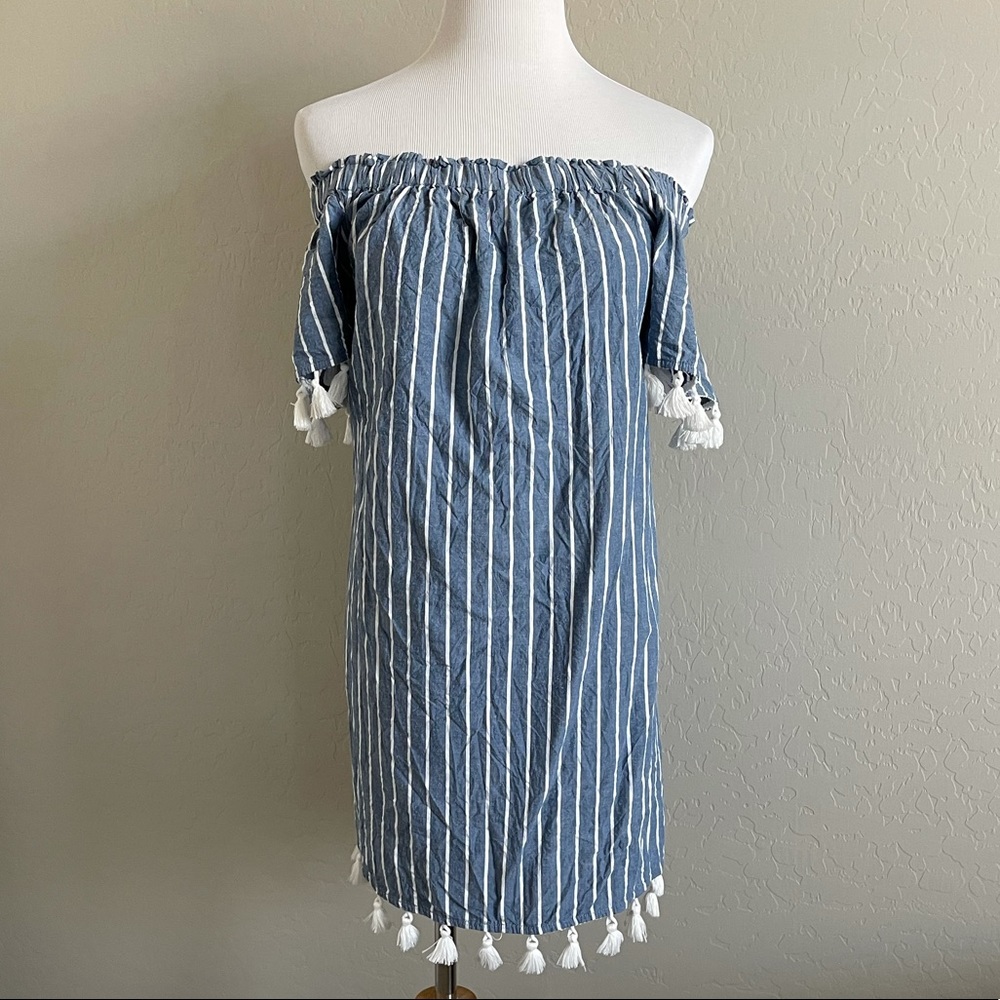Off the Shoulder Pinstripe Dress with Tassles